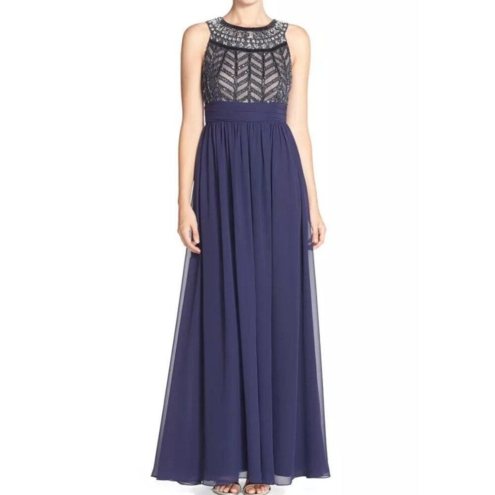$300 JS COLLECTIONS Embellished Chiffon Gown NAVY BEAD WEDDING BRIDESMAID